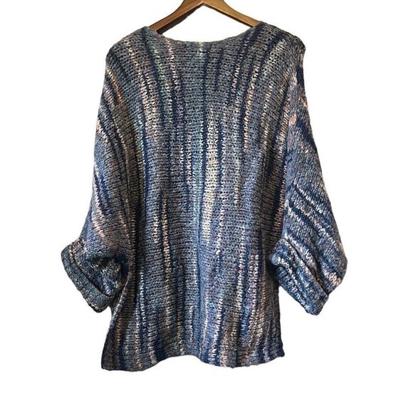 Knit‎ Sweater Oversized Tunic Top Blue Tan Striped Dolman Sleeve Pullover - Picture 4 of 5